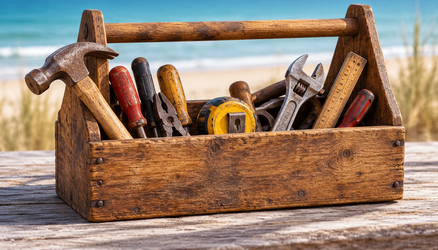 Weathered wooden toolbox filled with hand tools, symbolizing the many techniques available in medical massage therapy